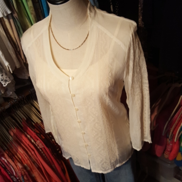 J.JILL ♡ Vintage Elegant Sheer Ivory Intricate Detailed Embroidery Blouse XS - Picture 3 of 17